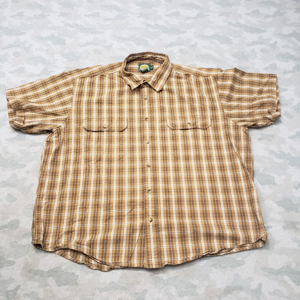 Cabelas Shirt Mens 2XL Brown Plaid Short Sleeve Button-Up Outdoor Workwear